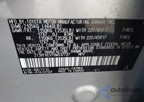 2016 Toyota Rav4 Xle из США, поврежденный, VIN 2T3RFREV7GW537727